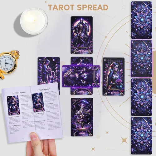 Miniatura 7 de Baraja de cartas de tarot para principiantes con libro guía, bonita y única de 400 GSM gruesa rosa morada (original) cartas de tarot oráculo