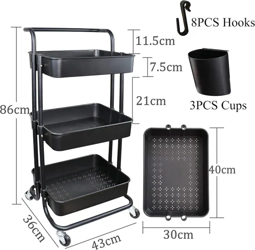 Miniatura 2 de Carrito utilitario de 3 niveles con ruedas multifuncional, organizador de estante con asa y ruedas bloqueables para el hogar, cocina, baño, Negro