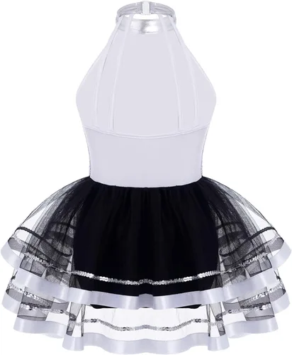 Miniatura 23 de CHICTRY Vestido tutú de ballet con lentejuelas brillantes para niñas y niñas, moderno disfraz de baile latino de jazz