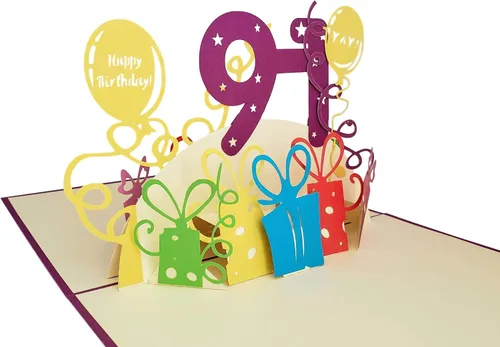 Miniatura 5 de iGifts And Cards Tarjeta emergente 3D de cumpleaños 91 – Regalos coloridos y celebración de hitos de globos – Saludo sincero para personas mayores