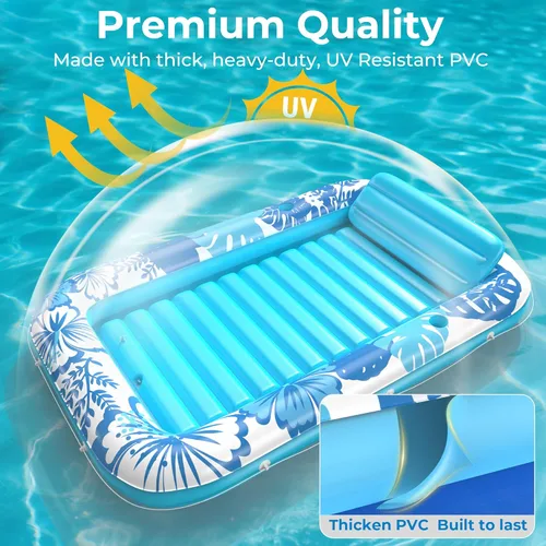 Miniatura 6 de Flotador inflable de bronceado para piscina con lona de protección, flotadores de piscina de 70 x 46 pulgadas para adultos con almohada, flotador 6