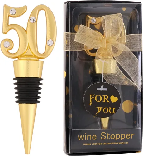Paquete de 24 recuerdos de fiesta de cumpleaños 50 para invitados, tapones para botellas de vino de 50 años con caja de regalo, tapones de vino