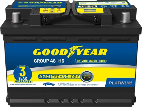 Goodyear 48-H6-AGM BCI Tamaño de grupo 48 12V 70 AH, 120RC, 760 CCA Platinum Series AGM recargable sin mantenimiento Batería automotriz