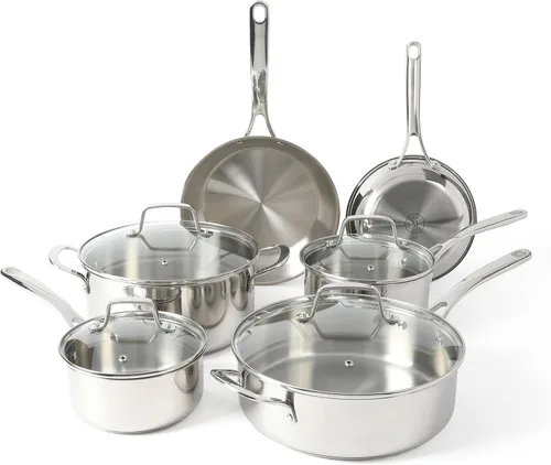 Martha Stewart Castelle - Juego de ollas y sartenes de cocina de 10 piezas de acero inoxidable 18/8 duradero, seguro para inducción, no tóxico,