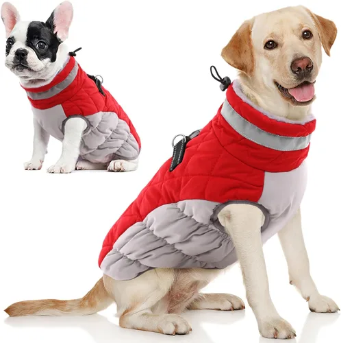 Miniatura 26 de AOFITEE Abrigo para perro, chaquetas cálidas para perros grandes, abrigo reflectante de cuello alto para perros con arnés integrado, impermeable