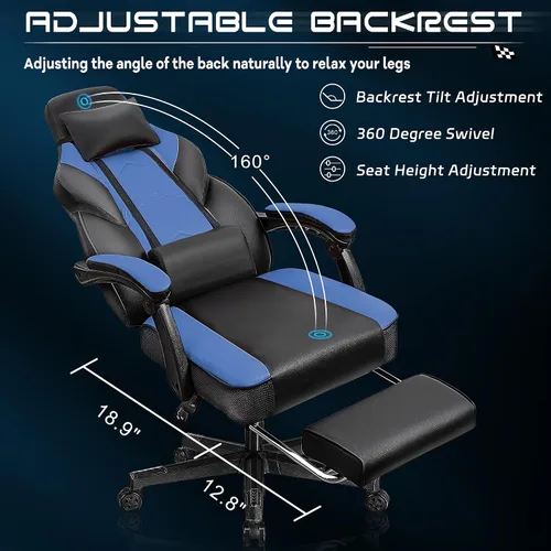 Miniatura 6 de Silla de videojuegos para adultos, silla de juegos con reposapiés, silla de computadora grande y alta con soporte lumbar de masaje, capacidad