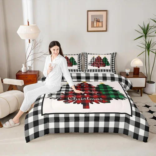 Miniatura 12 de Juego de edredón de Feliz Navidad para niños, tamaño twin, juego de ropa de cama de camión rojo árboles de pino copos de nieve, decoración