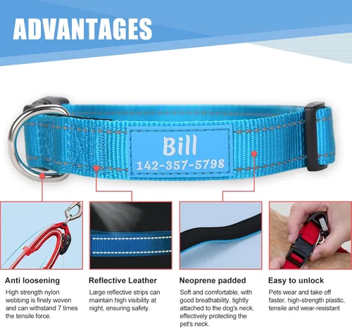 Miniatura 5 de Collares para perros personalizados, nailon reflectante personalizado con nombre de mascota y número de teléfono, ajustable en 5 tamaños y 3