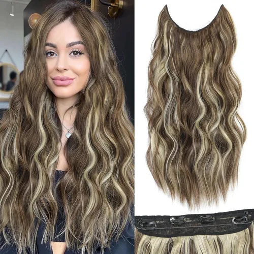 Miniatura 43 de Extensiones de cabello con halo de 12 pulgadas con alambre invisible, cabello largo ondulado ajustable, sintético, mejora con 4 clips de seguridad