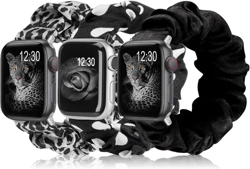 Miniatura 24 de TOYOUTHS - 3 paquetes compatibles con Apple Watch Band Scrunchies 1.496 in (38 mm) tela suave patrón impreso pulsera de tela para mujer iWatch