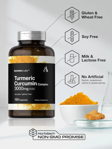 Miniatura 5 de Curcumina de cúrcuma Horbaach con pimienta negra, 150 cápsulas, con 95% de curcuminoides y bioperina, suplemento sin OMG, sin gluten, por Berkshire