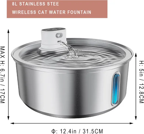 Miniatura 4 de Fuente de agua inalámbrica para gatos de acero inoxidable, fuente para gatos de 270 oz/8 L, funciona con pilas, fuente de agua inalámbrica