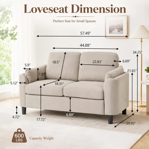 Miniatura 2 de 57" Small Loveseat Sofa, Mid Century Modern Love Seat Couch with Back Cushions and Plastic Legs, 2 Seater Couches for Living Room, Bedroom, Small