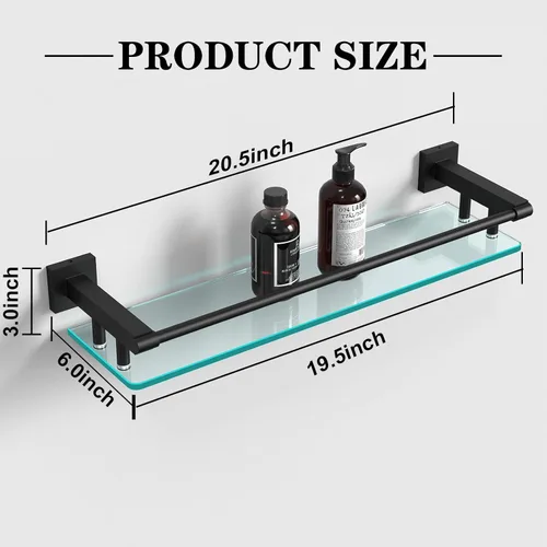 Miniatura 2 de Estante de vidrio para baño de 20 pulgadas, estantes rectangulares de vidrio templado de acero inoxidable moderno para montaje en pared, estante