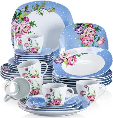 Miniatura 12 de VEWEET, Serie Fiona - Juego de vajilla de 30 piezas para 6 personas, blancos con rayas negras y grises, vajilla de porcelana de platos de postre