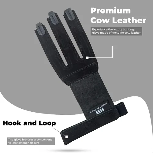 Miniatura 3 de Hunt & Seek Guante de tiro con arco - Guantes de caza de cuero de gamuza para arco recurvo y compuesto - Protector de tres dedos unisex Negro
