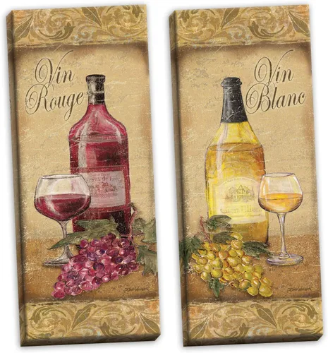 Gango Home Décor Juego de 2 botellas de vino blanco y tinto vintage toscano y uva, dos lienzos estirados de 8 x 20 pulgadas