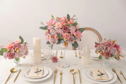 Miniatura 7 de YYHUAWU Flores Artificiales Juego de Caja Combinada Color Degradado Flor Hoja con Tallos para Ramos de Boda DIY Centros de Mesa Baby Shower Fiesta