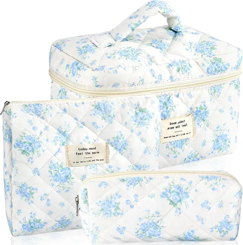 Miniatura 19 de URSKYTOUS Juego de 3 Bolsas de Maquillaje Acolchadas, Set de Bolsas de Cosméticos con Lazo para Viaje, Bolsa Grande de Maquillaje para Mujeres