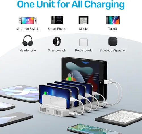 Miniatura 3 de Unitek Estación de carga múltiple, cargador USB de 10 puertos para múltiples dispositivos con tecnología SmartIC y divisores ajustables, soporte