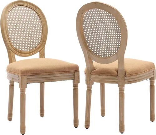 Miniatura 42 de Juego de 2 sillas de comedor de campo francés, sillas de comedor de madera de granja beige, silla de comedor con respaldo tejido con cojín tapizado