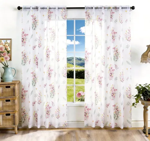 Miniatura 27 de youleyar Cortinas traslúcidas florales para sala de estar, 2 paneles de 54 pulgadas de largo, cortinas semitransparentes blancas con estampado