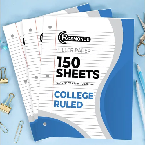 Miniatura 8 de Rosmonde Papel de hojas sueltas, 450 hojas, paquete de 3, papel rayado universitario, 8 x 10.5 pulgadas, papel de relleno de oficina a granel, 3