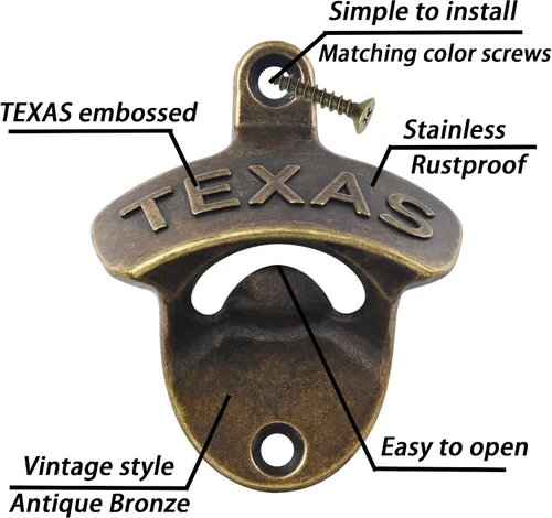 Miniatura 2 de Bronce antiguo montado en la pared de latón abrebotellas TEXAS Beer Top Abridor Mesa Montada