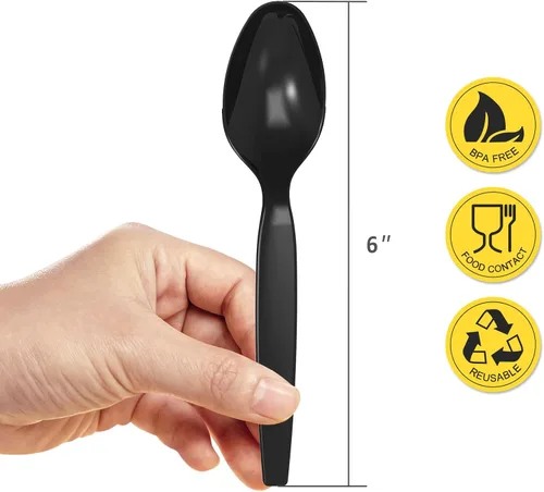 Miniatura 2 de POSATE Cucharas de plástico pesadas, color negro, paquete de 100, utensilios desechables para suministros de fiesta