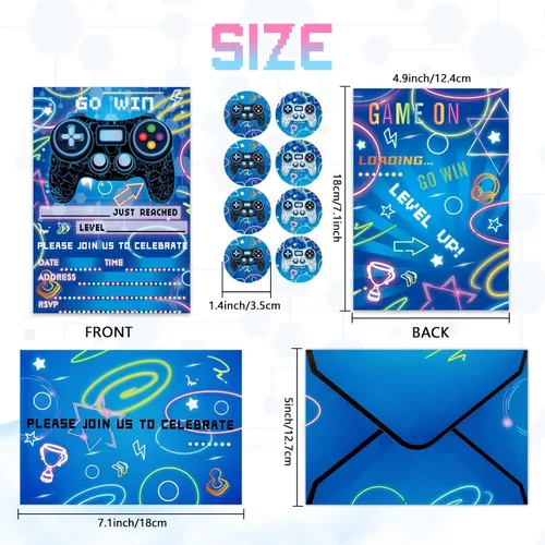 Miniatura 6 de WERNNSAI Invitación para Fiesta de Videojuego - Juego de 24 Tarjetas de Cumpleaños de Juego Azules para Llenar con Sobres y Adhesivo para Niños