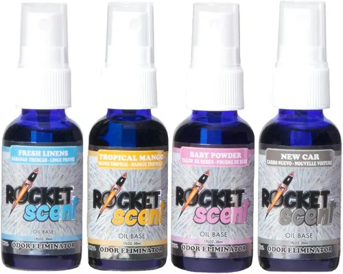 Rocket Scent - Ambientadores de aceite + eliminador de olores y humo + desodorante para el hogar, automóvil, oficina, baño + auto nuevo, mango, lino
