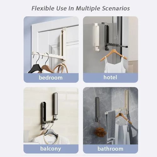 Miniatura 6 de Escurridor de ropa plegable con 3 soportes para montaje sobre la puerta y la pared, estante de metal para secadora de ropa con barra retráctil