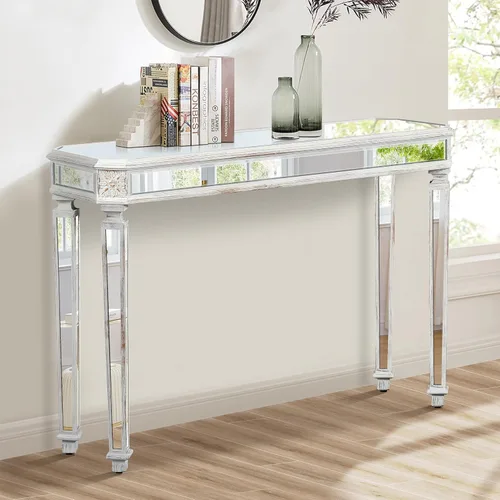 Miniatura 9 de Moderna mesa de consola plateada con espejo con 2 cajones de almacenamiento, escritorio rectangular de tocador, mesa de tocador de maquillaje
