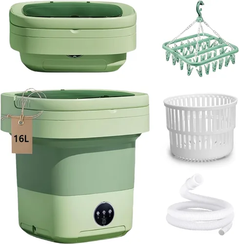 Lavadora portátil plegable de 16 litros con estante de secado, cesta giratoria, puerto de llenado superior, manguera de entrada de agua y tubo de