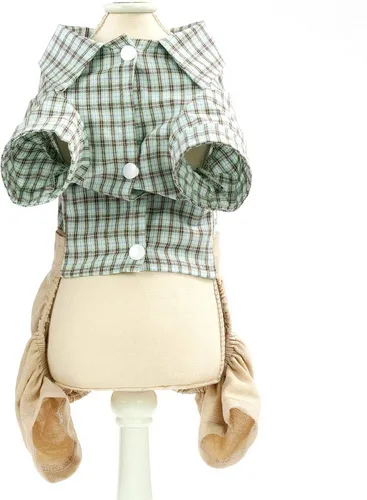 Miniatura 4 de SMALLLEE_Lucky_Store Camisas de algodón a cuadros británicos con botones para perros pequeños, niños con cinturón, pantalones casuales para Verde