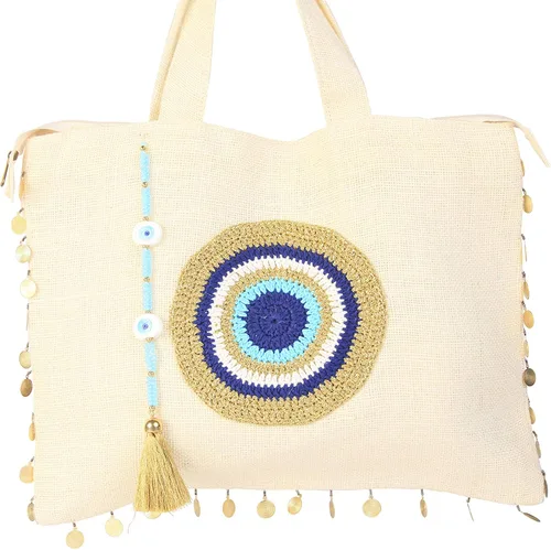 Miniatura 4 de Bolsa de yute con cierre de cremallera con cristales y borlas para playa color crema