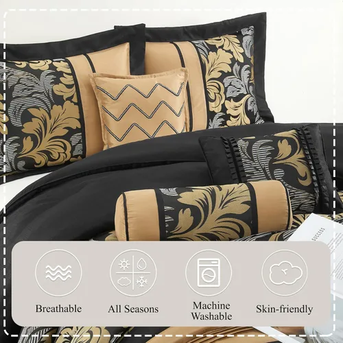 Miniatura 4 de Stratford Park Juego de ropa de cama de 7 piezas con diseño de hojas, color negro, tamaño Queen, diseño jacquard, para todas las estaciones, falda