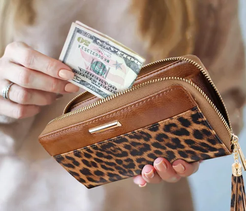 Miniatura 5 de Carteras para mujer, de piel sintética, tarjetero organizador con borla y correa de muñeca