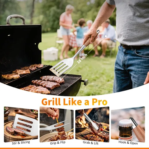 Miniatura 3 de Juego de accesorios para parrilla de 16 pulgadas, herramientas de accesorios para barbacoa de acero inoxidable resistente y accesorios para parrilla