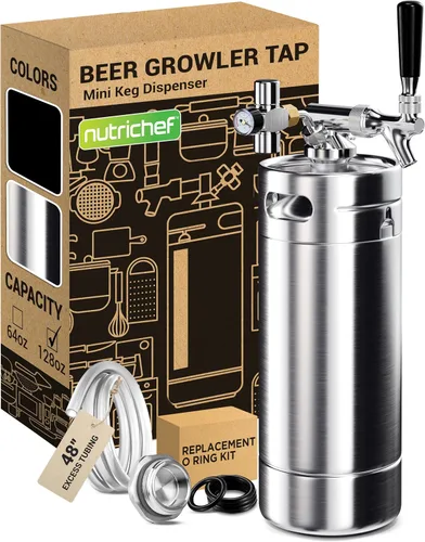 NutriChef Sistema de Grifo para Barril Presurizado, Kit Portátil de Dispensador de Mini Barril de Acero Inoxidable de 128oz, Regulador de Presión de