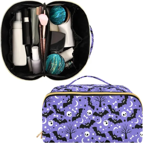 Miniatura 3 de Bolsa Organizadora de Maquillaje, Bolsa de Maquillaje de Halloween con Murciélagos Negros y Cielo Nocturno con Estrellas, Bolsa de Maquillaje
