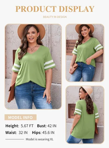 Miniatura 18 de Eytino Blusas de talla grande para mujer, cuello en V, manga corta, a rayas, casual, holgada, con bolsillo (1X-5X)