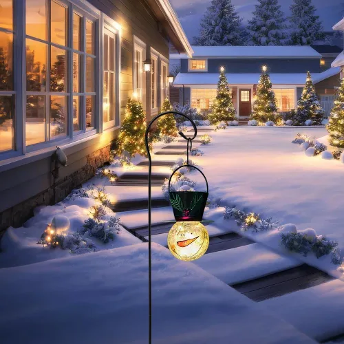 Miniatura 3 de Viveta Linterna solar de muñeco de nieve, faroles solares colgantes de Navidad, farol impermeable de cristal agrietado para exteriores con gancho