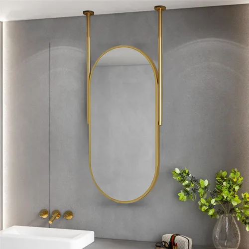 Espejo de baño dorado para colgar en el techo, espejo ovalado grande para tocador, marco de metal, espejo decorativo de pared con doble pluma