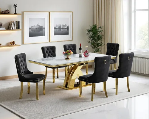 Miniatura 10 de Juego de mesa de comedor de mármol sintético, 7 piezas, juego de mesa de cocina y comedor para 6, mesa de comedor rectangular blanca de 70 pulgadas