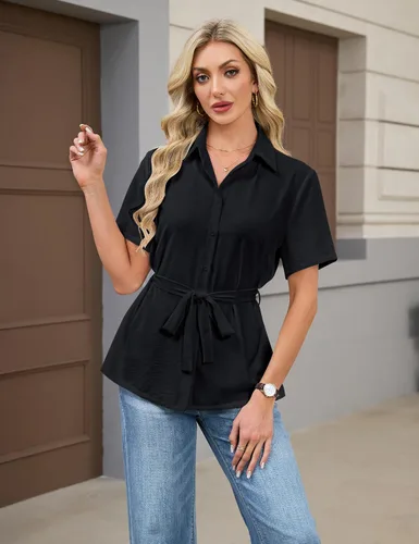 Miniatura 2 de Blooming Jelly Camisa con botones para mujer, cuello con lazo, manga corta, casual, para negocios, blusa de trabajo a la moda de verano