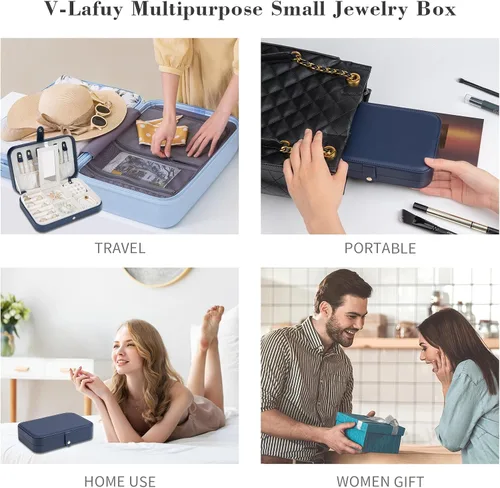 Miniatura 6 de Joyero de viaje, joyero pequeño de piel sintética portátil, estuche de viaje para anillos, aretes, collares, pulseras, relojes, azul marino B