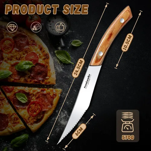 Miniatura 7 de Freelander Juego de 4 cuchillos para pizza con cuchillas afiladas de acero inoxidable, diseño forjado de espiga completa, mango ergonómico