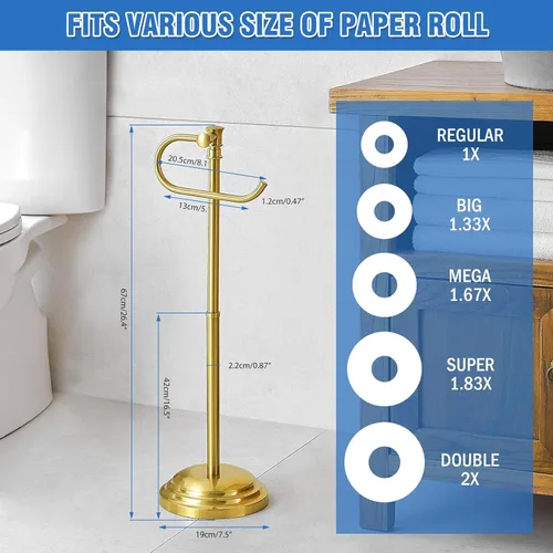 Miniatura 6 de Soporte para papel higiénico RUMOSE para piso, de oro cepillado ajustable (31.5 cm a 58 cm) Soporte de papel higiénico de baño, soporte de rollo