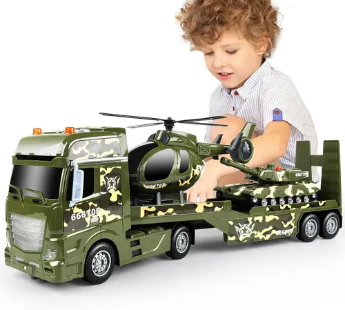Dwi Dowellin Camiones de Juguete Militares Grandes Verdes, Camión Semi de Juguete de 25.6" con Helicópteros y Tanque, Juguetes del Ejército con